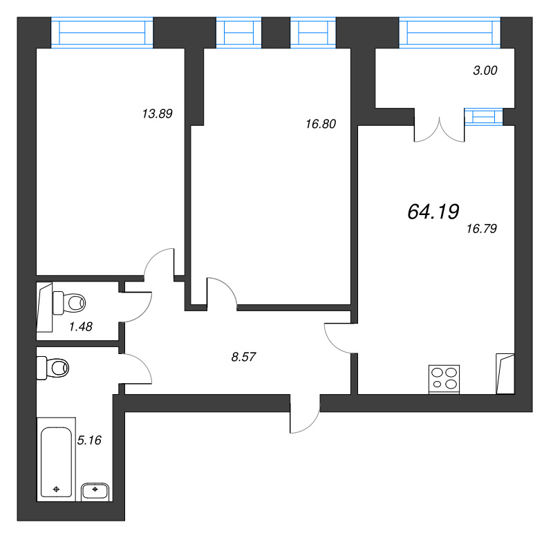 2-комнатная квартира, 64.19 м² - планировка, фото №1