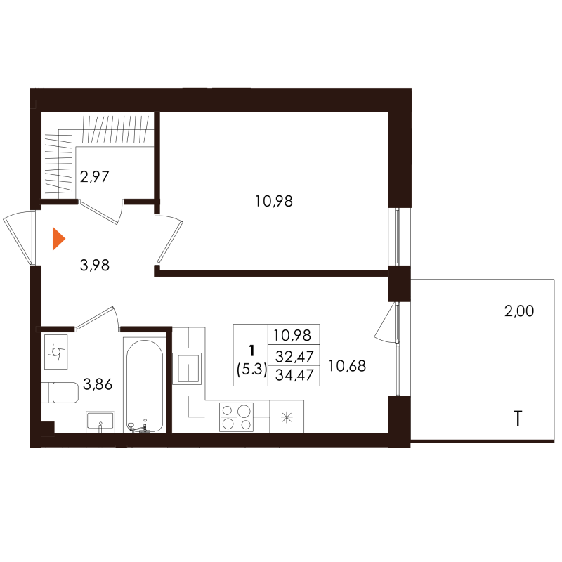 1-комнатная квартира, 34.47 м² в ЖК "Лисино" - планировка, фото №1