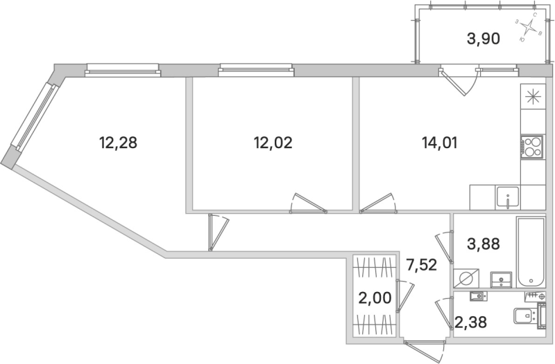 2-комнатная квартира, 54.09 м² в ЖК "Любоград" - планировка, фото №1