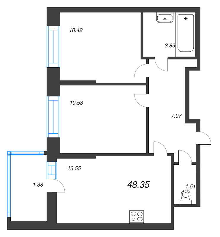 2-комнатная квартира, 48.35 м² - планировка, фото №1