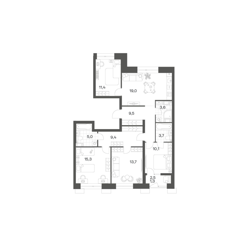 5-комнатная (Евро) квартира, 102.03 м² в ЖК "Новый Питер" - планировка, фото №1