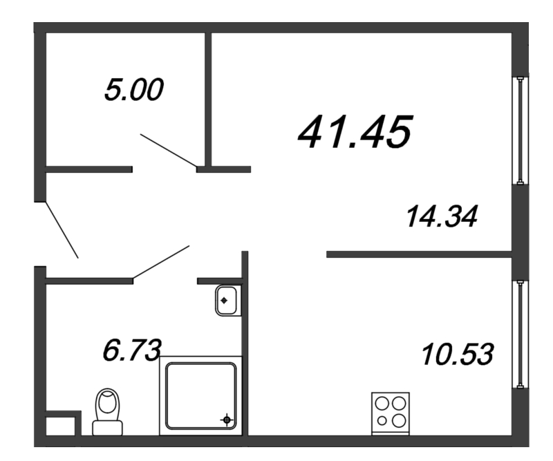 1-комнатная квартира, 41.45 м² - планировка, фото №1