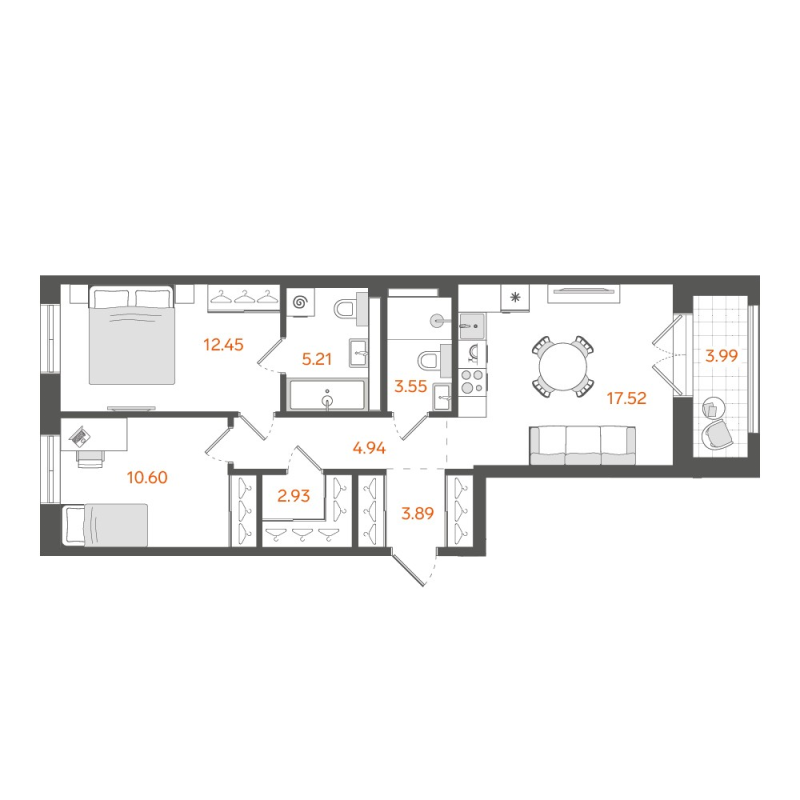 3-комнатная (Евро) квартира, 62.9 м² в ЖК "STAVNI Обводный" - планировка, фото №1