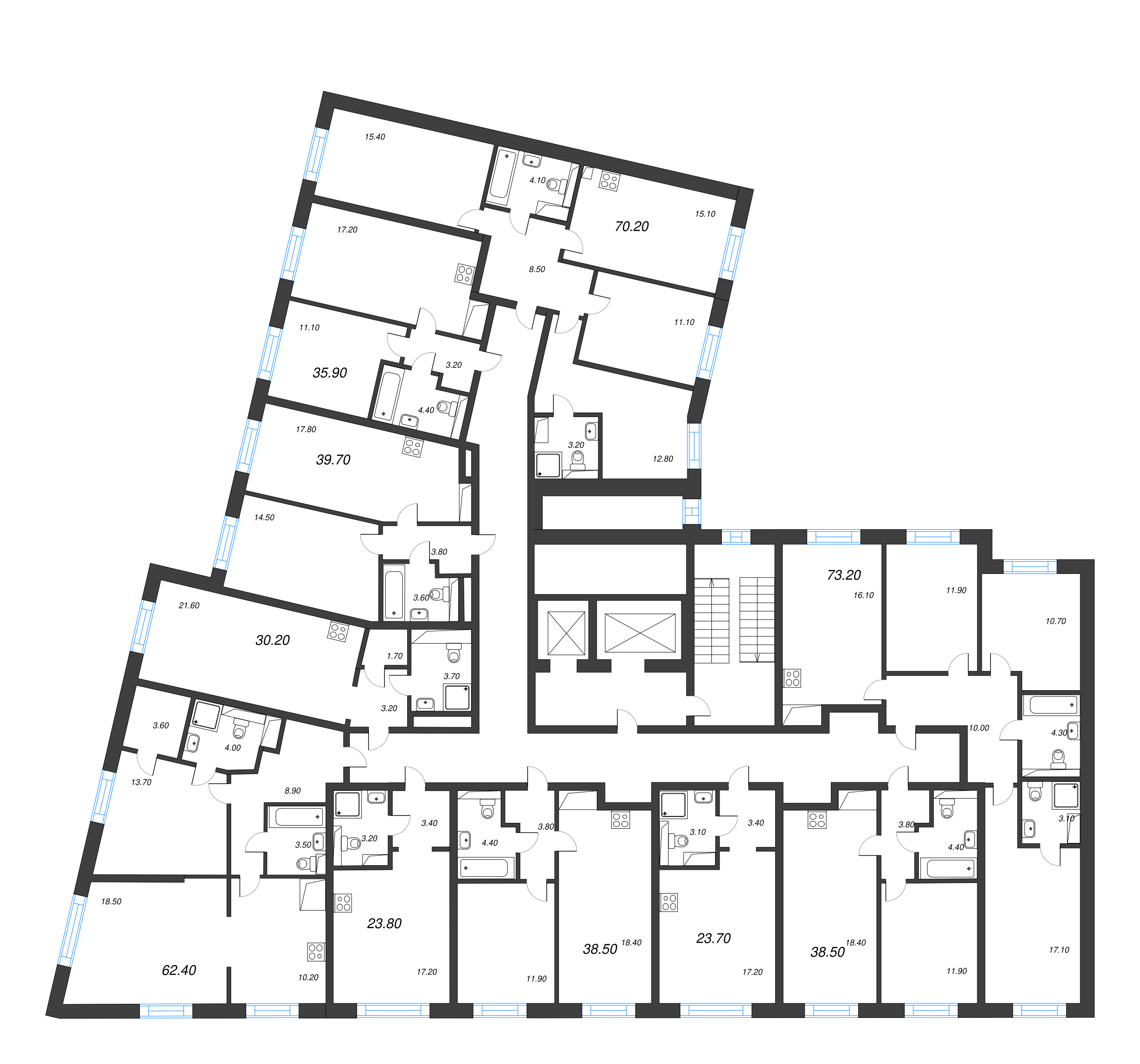 4-комнатная (Евро) квартира, 70.2 м² - планировка этажа