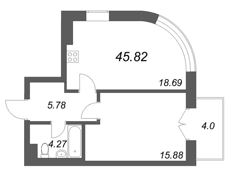 2-комнатная (Евро) квартира, 45.82 м² в ЖК "Фонтанка 130" - планировка, фото №1