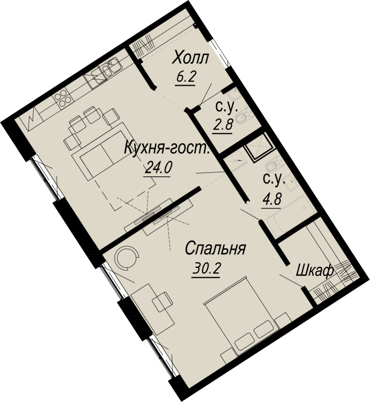 2-комнатная (Евро) квартира, 68 м² - планировка, фото №1