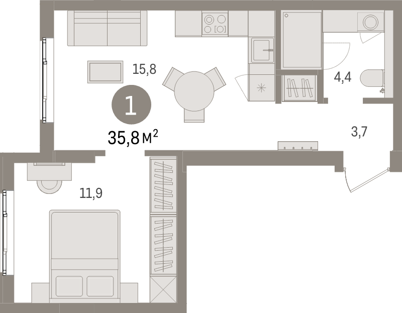 2-комнатная (Евро) квартира, 35.8 м² в ЖК "Брусника в Новоселье" - планировка, фото №1
