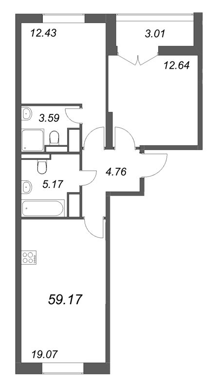 3-комнатная (Евро) квартира, 59.17 м² в ЖК "Цивилизация на неве" - планировка, фото №1