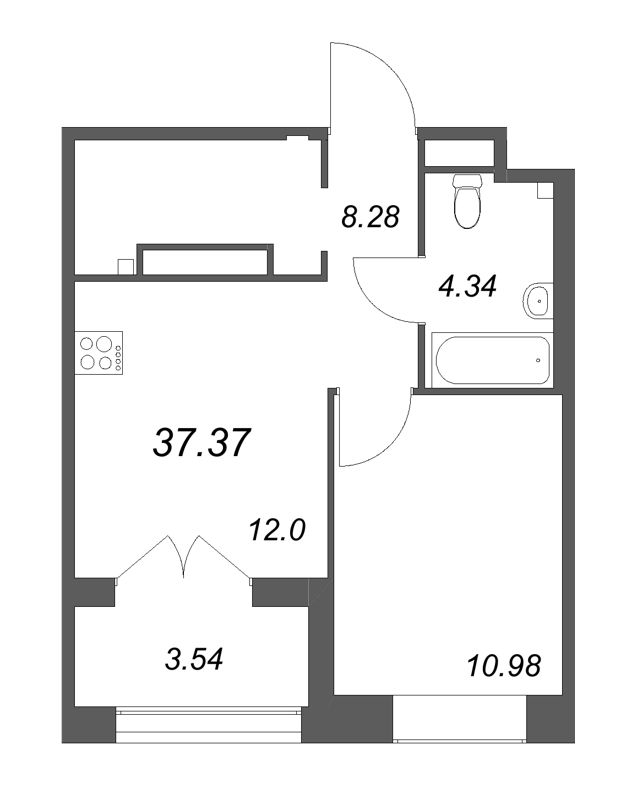 1-комнатная квартира, 37.37 м² в ЖК "Ranta Residence" - планировка, фото №1