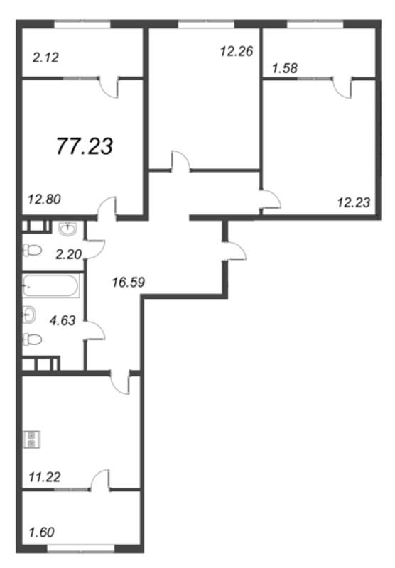 3-комнатная квартира, 77.23 м² в ЖК "Pixel" - планировка, фото №1