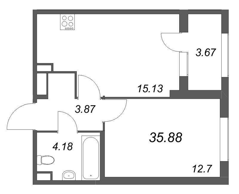 2-комнатная (Евро) квартира, 35.88 м² в ЖК "Дубровский" - планировка, фото №1