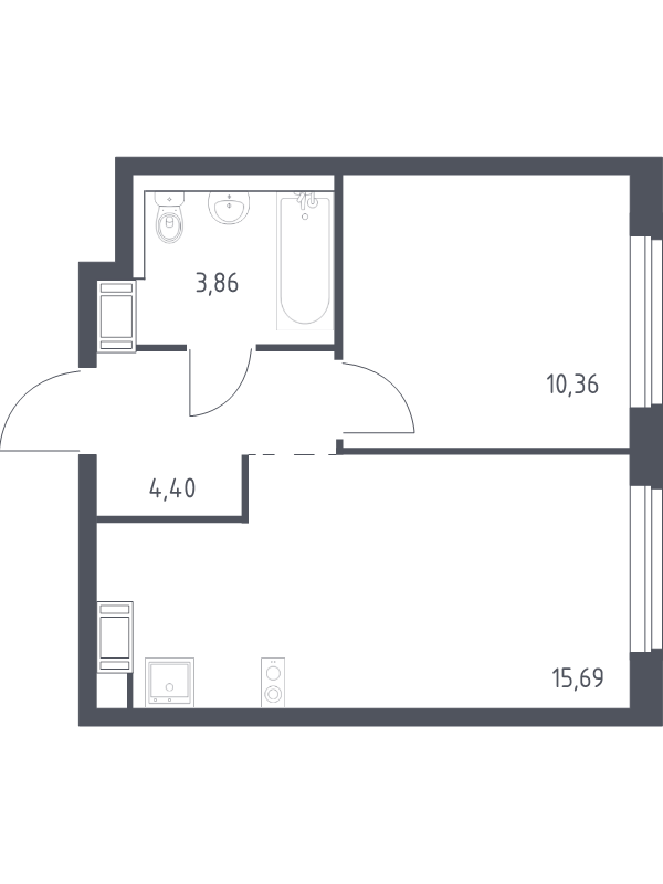 2-комнатная (Евро) квартира, 34.31 м² - планировка, фото №1