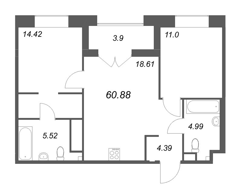 3-комнатная (Евро) квартира, 60.88 м² в ЖК "Ranta Residence" - планировка, фото №1