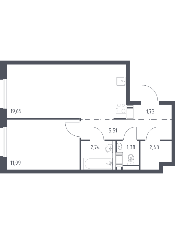 2-комнатная (Евро) квартира, 44.53 м² в ЖК "Квартал Торики" - планировка, фото №1