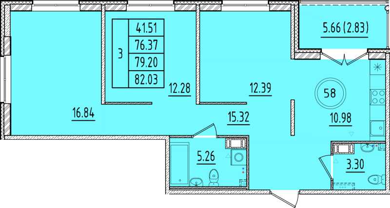 3-комнатная квартира, 76.37 м² - планировка, фото №1