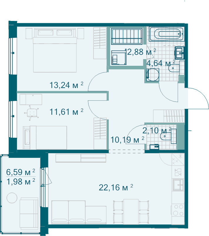 3-комнатная (Евро) квартира, 68.8 м² в ЖК "Grona Lund" - планировка, фото №1