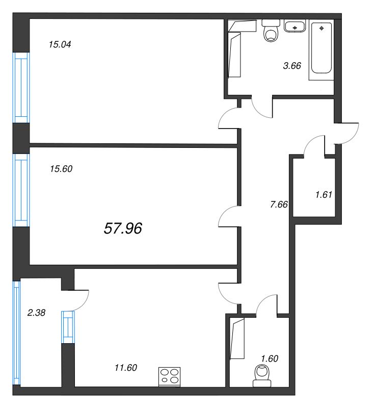 2-комнатная квартира, 57.96 м² - планировка, фото №1