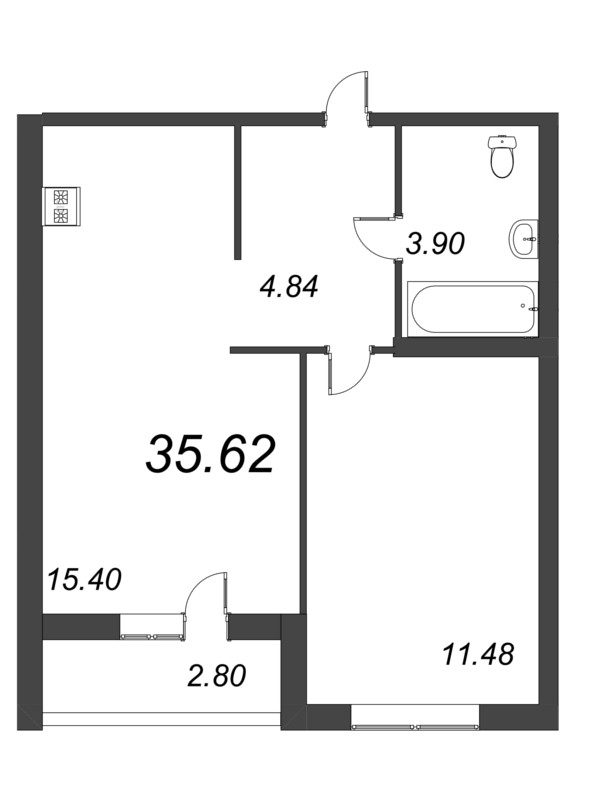 2-комнатная (Евро) квартира, 38.42 м² - планировка, фото №1