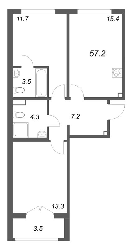 3-комнатная (Евро) квартира, 57.2 м² в ЖК "Пулково Лейк" - планировка, фото №1