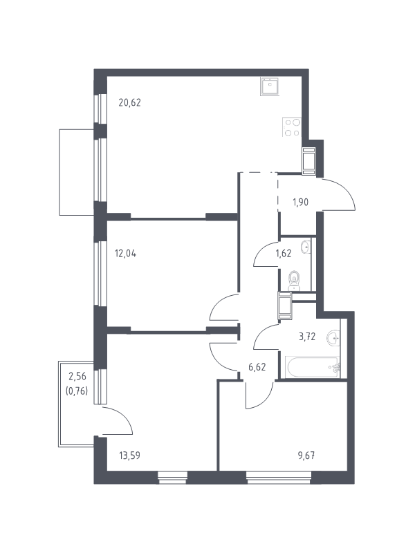 4-комнатная (Евро) квартира, 70.54 м² - планировка, фото №1