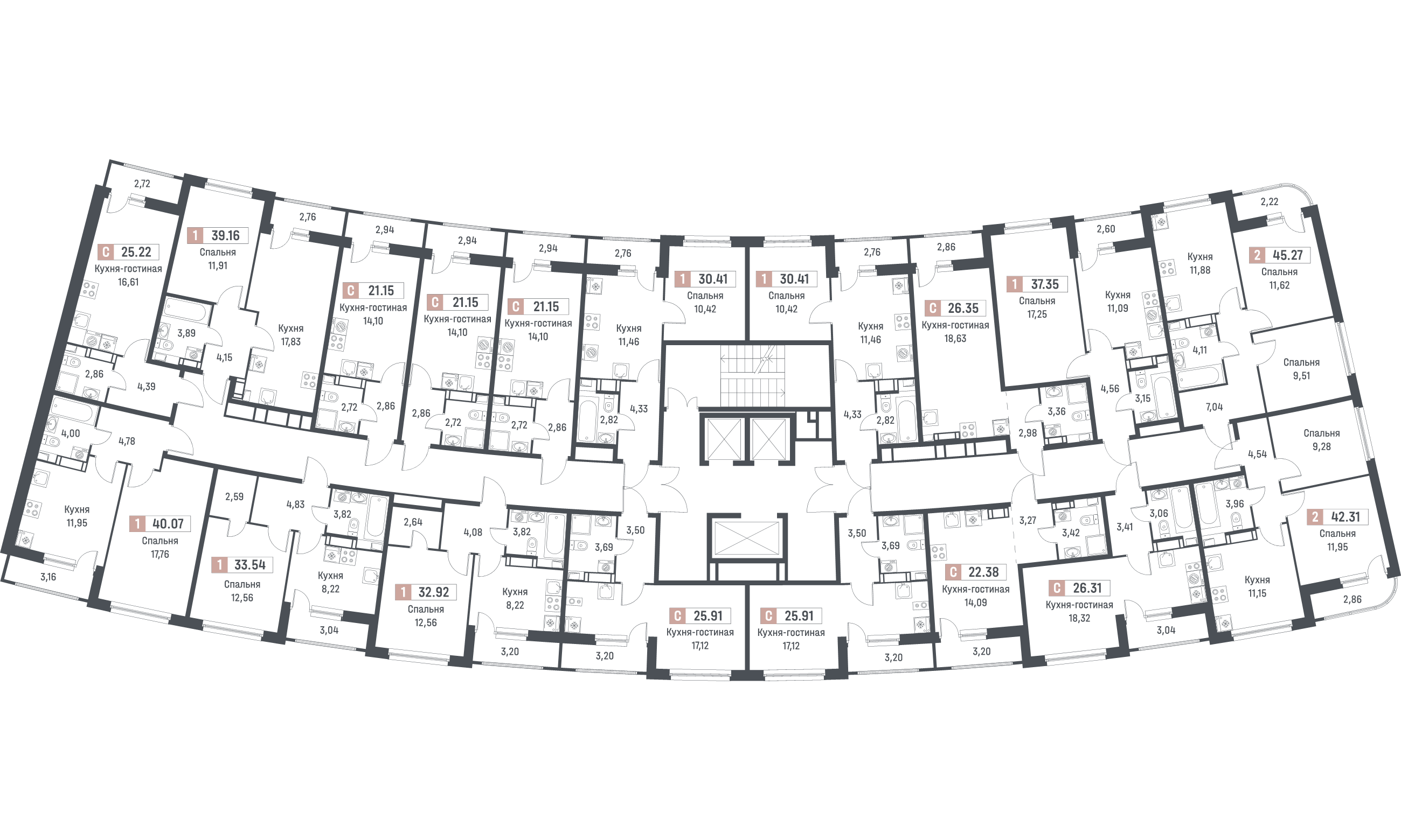 2-комнатная квартира, 42.31 м² - планировка этажа