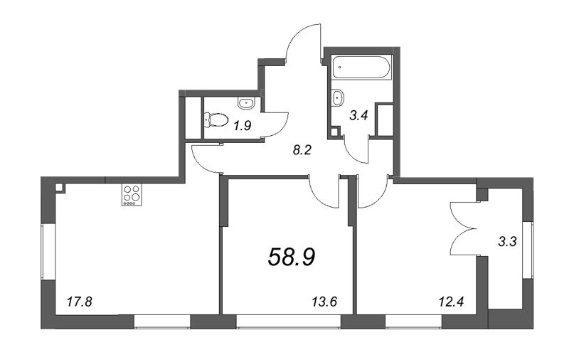 3-комнатная (Евро) квартира, 58.9 м² - планировка, фото №1