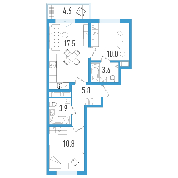 3-комнатная (Евро) квартира, 53 м² в ЖК "Аэросити" - планировка, фото №1