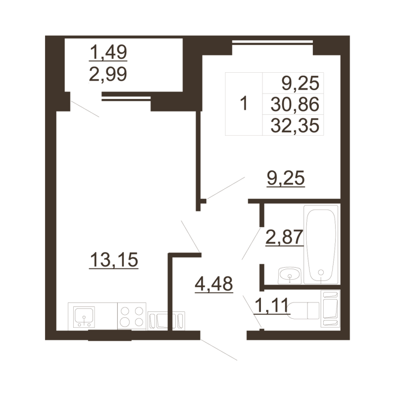 1-комнатная квартира, 32.35 м² - планировка, фото №1