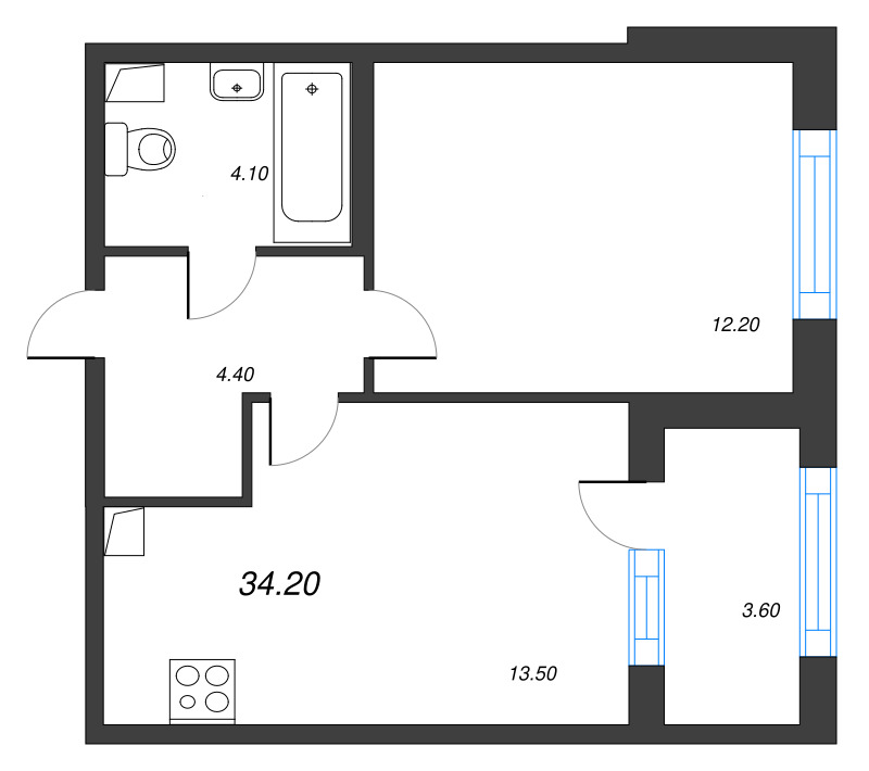 1-комнатная квартира, 34.2 м² в ЖК "Дубровский" - планировка, фото №1
