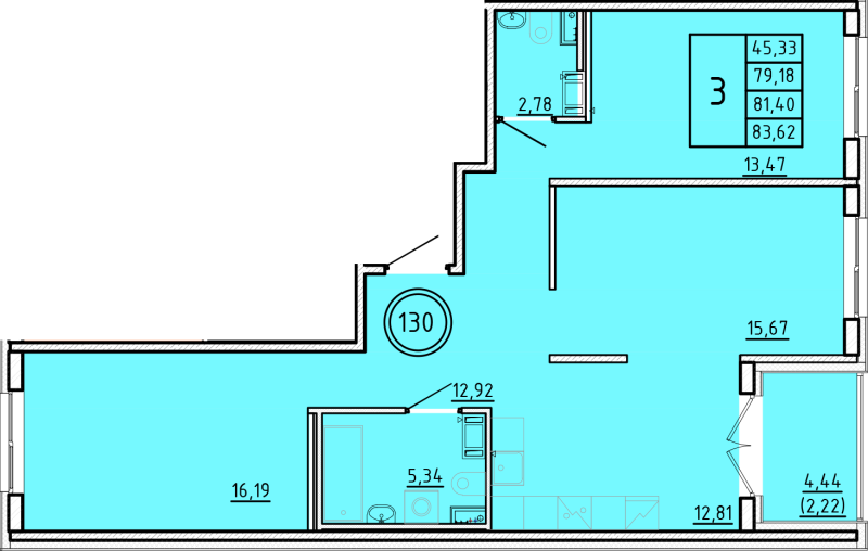 3-комнатная квартира, 79.18 м² - планировка, фото №1