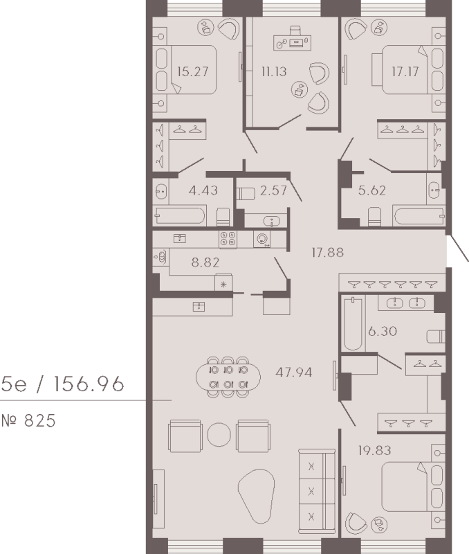 5-комнатная (Евро) квартира, 156.96 м² в ЖК "17/33 Петровский остров" - планировка, фото №1