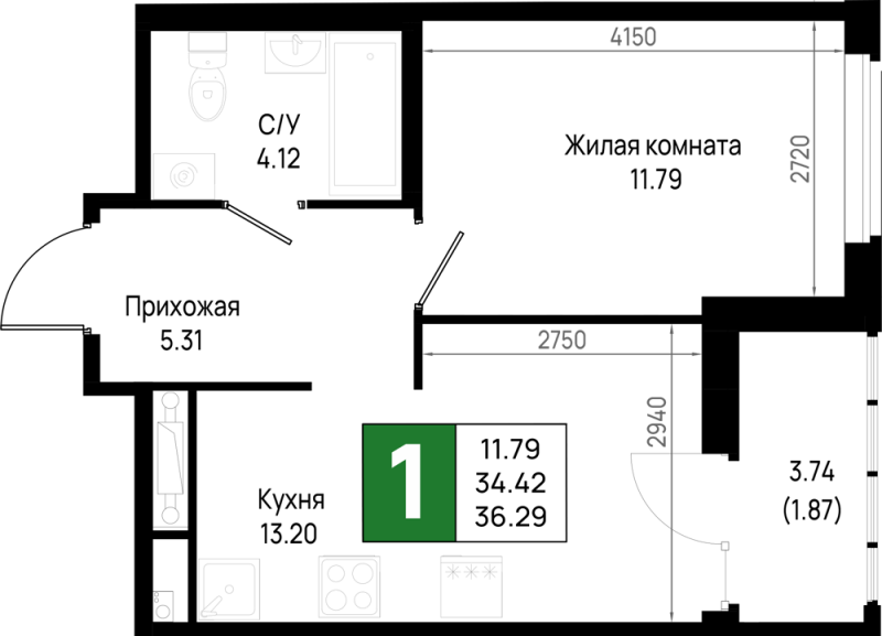 1-комнатная квартира, 36.29 м² в ЖК "Имена" - планировка, фото №1