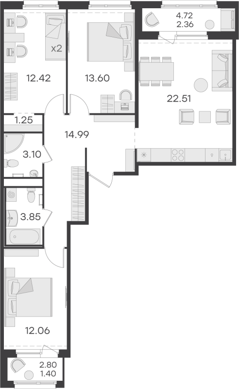4-комнатная (Евро) квартира, 87.54 м² в ЖК "GloraX Парголово" - планировка, фото №1