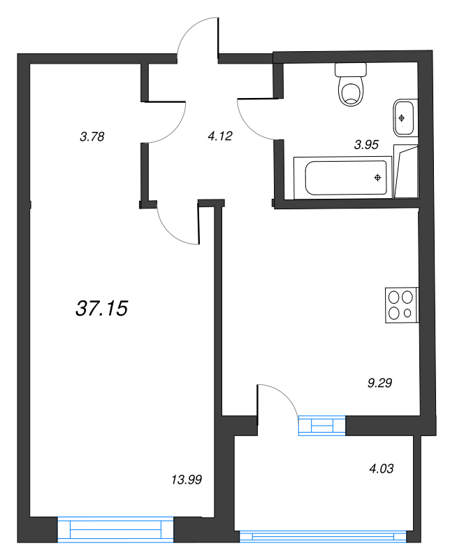 1-комнатная квартира, 39.16 м² - планировка, фото №1