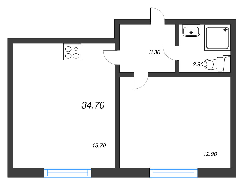 2-комнатная (Евро) квартира, 34.7 м² в ЖК "ЛСР. Ржевский парк" - планировка, фото №1