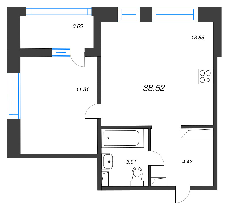 2-комнатная (Евро) квартира, 38.52 м² - планировка, фото №1