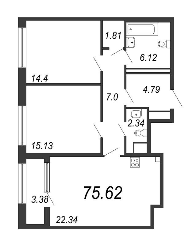 3-комнатная (Евро) квартира, 75.62 м² в ЖК "Дефанс Премиум" - планировка, фото №1