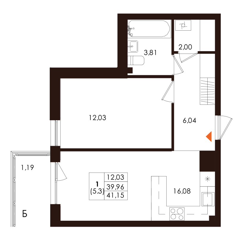 2-комнатная (Евро) квартира, 41.15 м² в ЖК "Лисино" - планировка, фото №1