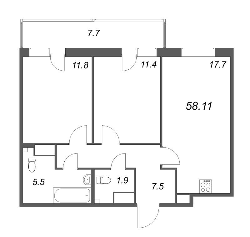 3-комнатная (Евро) квартира, 58.11 м² - планировка, фото №1