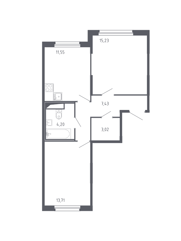 2-комнатная квартира, 55.14 м² - планировка, фото №1