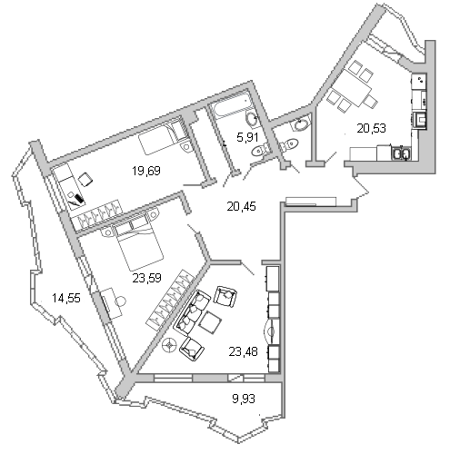 3-комнатная квартира, 124 м² в ЖК "Лондон парк" - планировка, фото №1