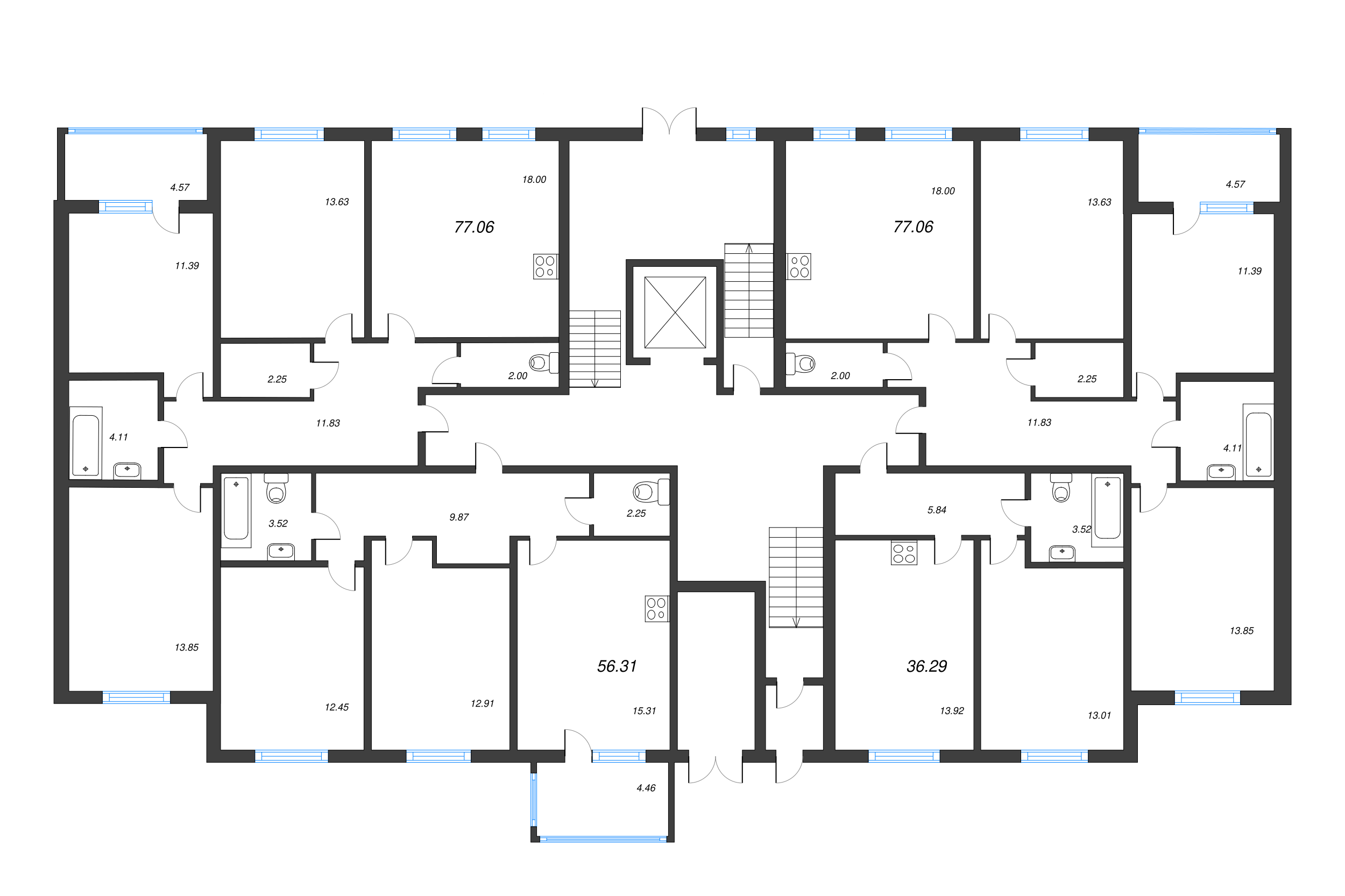 3-комнатная (Евро) квартира, 56.31 м² - планировка этажа