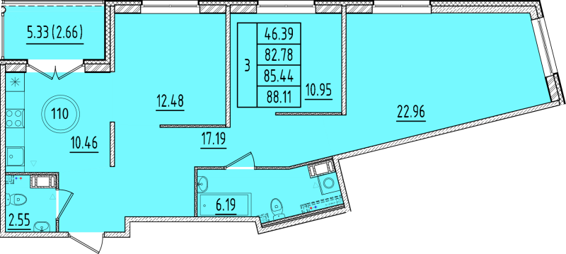 3-комнатная квартира, 82.78 м² в ЖК "Образцовый квартал 17" - планировка, фото №1