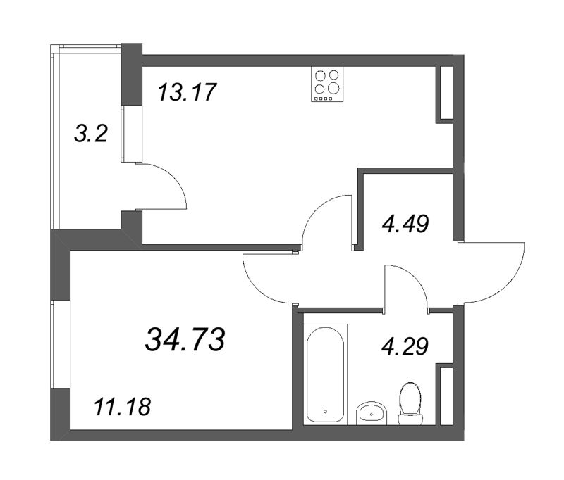 1-комнатная квартира, 34.73 м² в ЖК "Новая история" - планировка, фото №1
