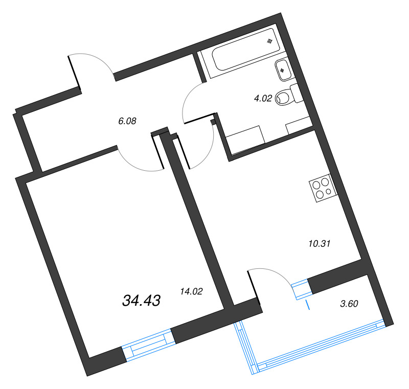 1-комнатная квартира, 34.43 м² в ЖК "ПАТИО. Уютный квартал" - планировка, фото №1