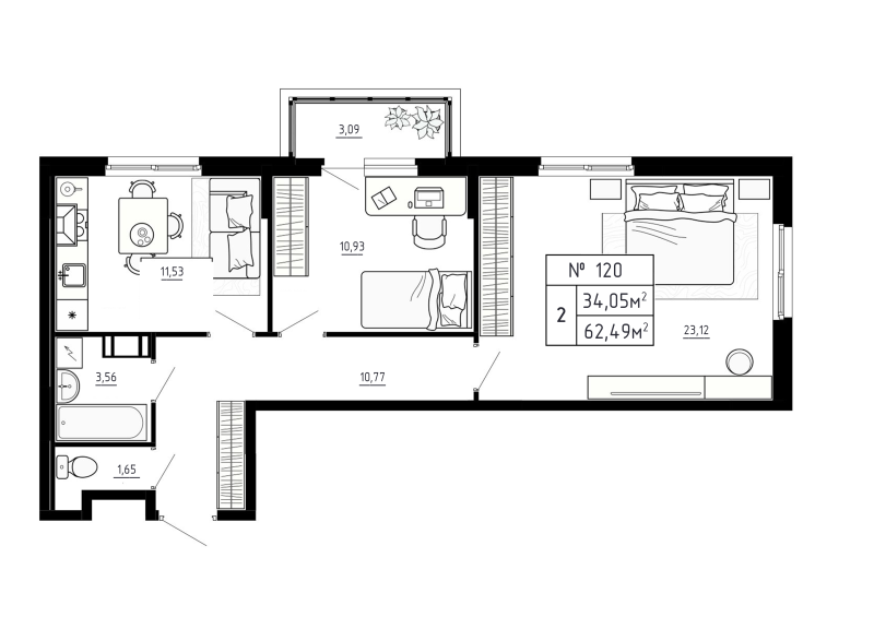 2-комнатная квартира, 62.49 м² в ЖК "Аннино Сити" - планировка, фото №1