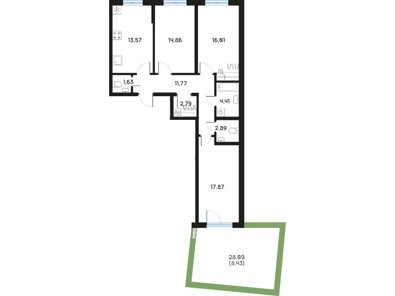 3-комнатная квартира, 94.93 м² в ЖК "Дом Регенбоген" - планировка, фото №1