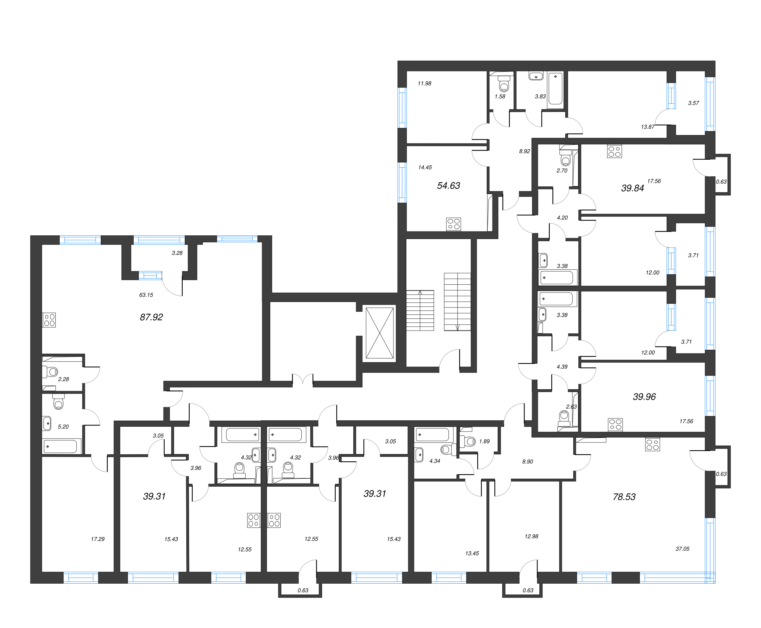 2-комнатная (Евро) квартира, 41.89 м² - планировка этажа