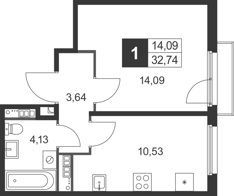 1-комнатная квартира, 32.74 м² в ЖК "Слобода" - планировка, фото №1