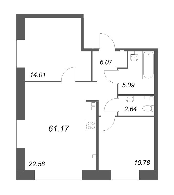 3-комнатная (Евро) квартира, 61.17 м² в ЖК "Ranta Residence" - планировка, фото №1